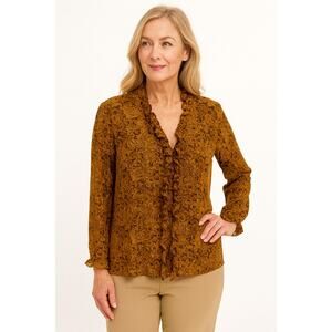 Nygard Silk Blouse Women’s Size Large Brown Gold Paisley Ruffle Long Sleeve